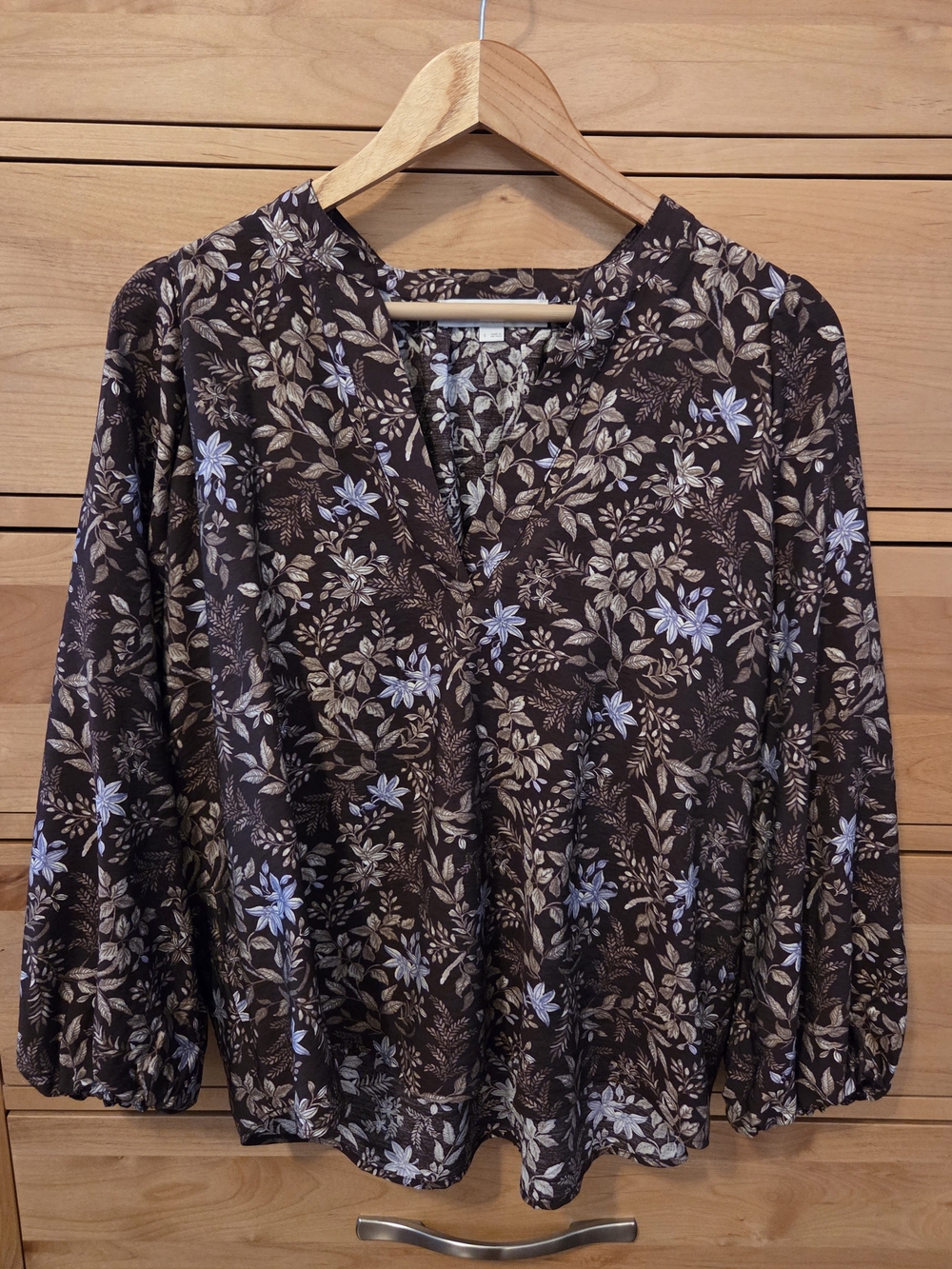 LOFT Brown Floral V-Neck Blouse with Pale Blue Flowers